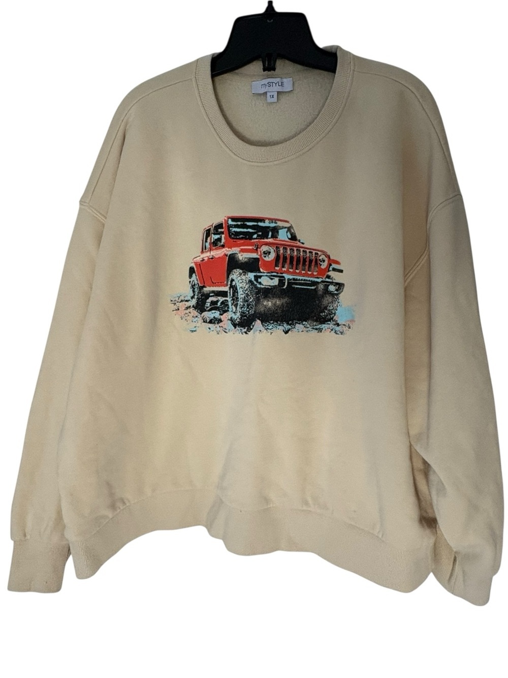 Crewneck Sweatshirt. Beige with Red Jeep Graphic - Men/women. Size XL